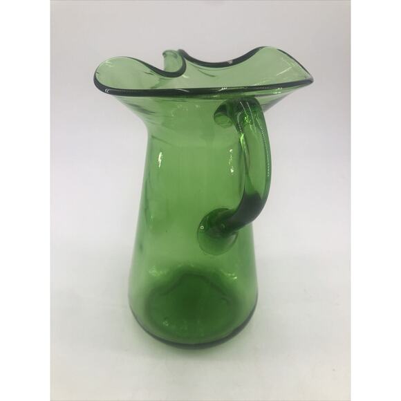 Glass Pitcher Mid Century Hand Blown Emerald Green Pinched Spout Ice Lip MCM VTG - Picture 5 of 11